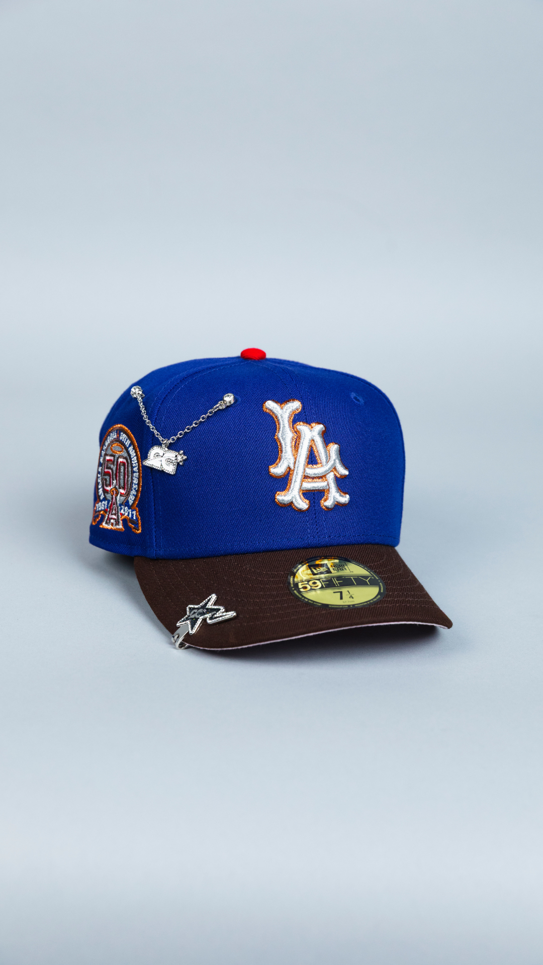 NEW ERA EXCLUSIVE 59FIFTY DARK BLUE/ BROWN LOS ANGELES ANGELS W/ 50TH ANNIVERSARY SIDE PATCH