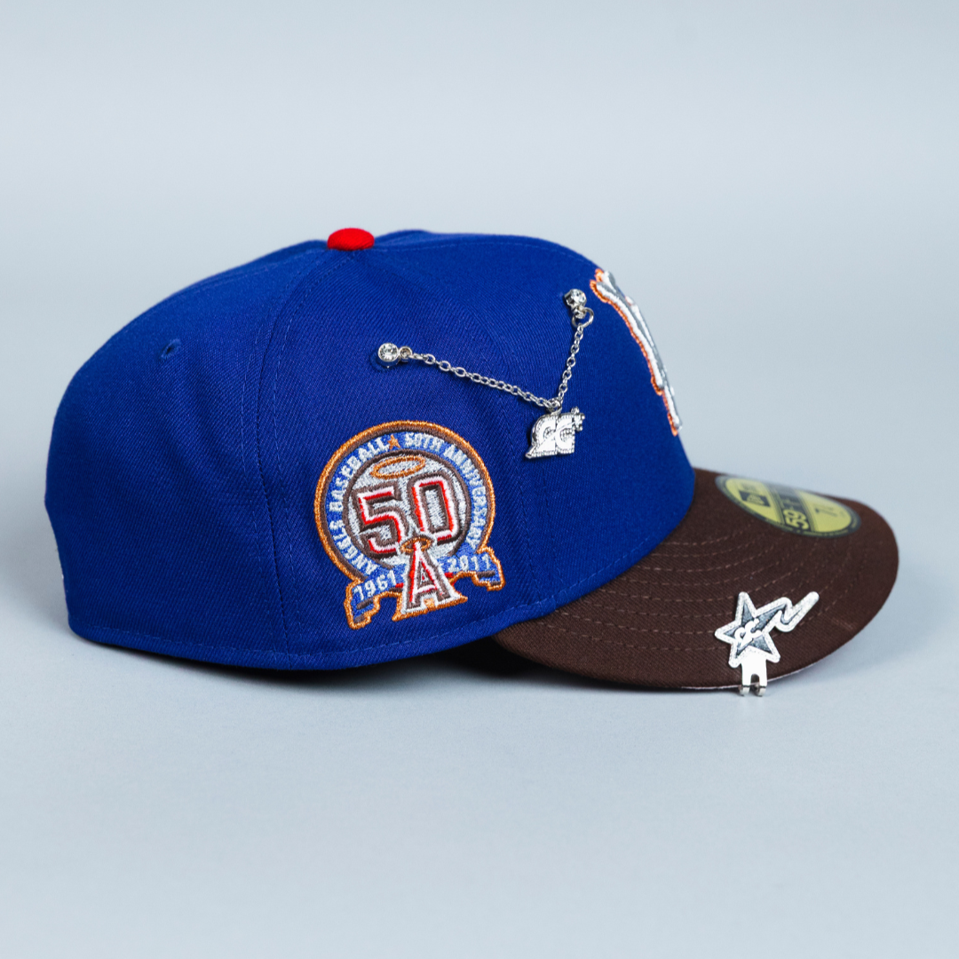 NEW ERA EXCLUSIVE 59FIFTY DARK BLUE/ BROWN LOS ANGELES ANGELS W/ 50TH ANNIVERSARY SIDE PATCH