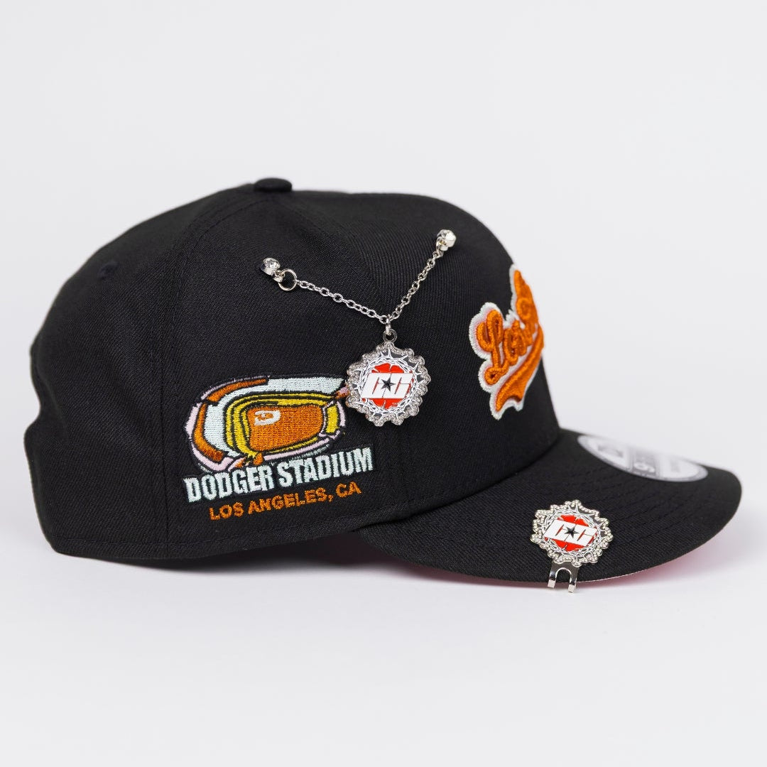 NEW ERA EXCLUSIVE 9FIFTY BLACK LOS ANGELES DODGERS SCRIPT SNAPBACK W/ DODGER STADIUM SIDE PATCH