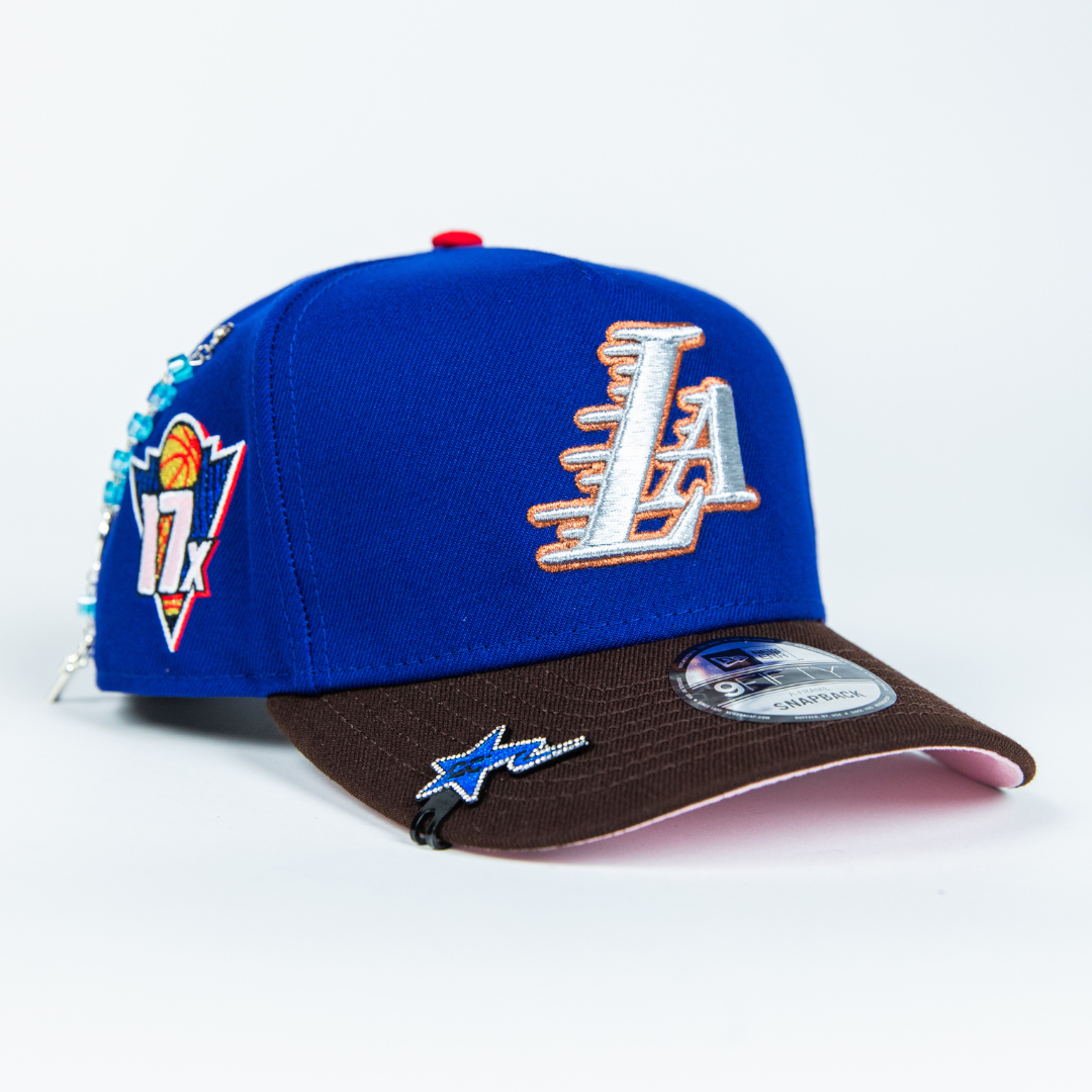 NEW ERA 9FIFTY A-FRAME BLUE/ BROWN LOS ANGELES LAKERS SNAPBACK W/ 17X CHAMPIONS SIDE PATCH
