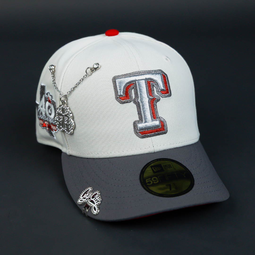 NEW ERA EXCLUSIVE 59FIFTY SMOKE GREY TEXAS RANGERS W/ 40TH ANNIVERSARY SIDE PATCH