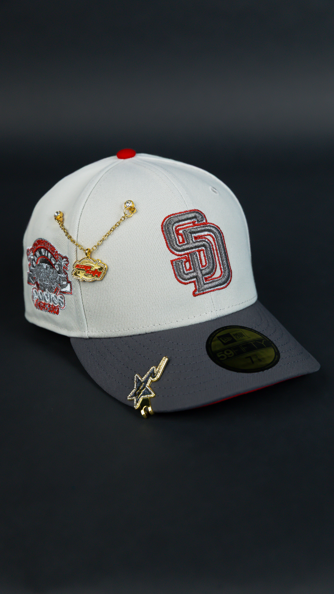 NEW ERA EXCLUSIVE 59FIFTY SMOKE GREY SAN DIEGO PADRES W/ STADIUM LOGO SIDE PATCH