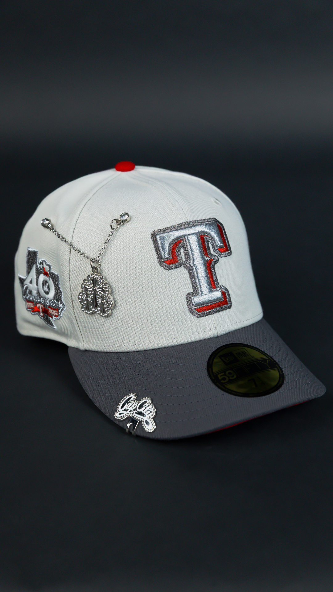 NEW ERA EXCLUSIVE 59FIFTY SMOKE GREY TEXAS RANGERS W/ 40TH ANNIVERSARY SIDE PATCH
