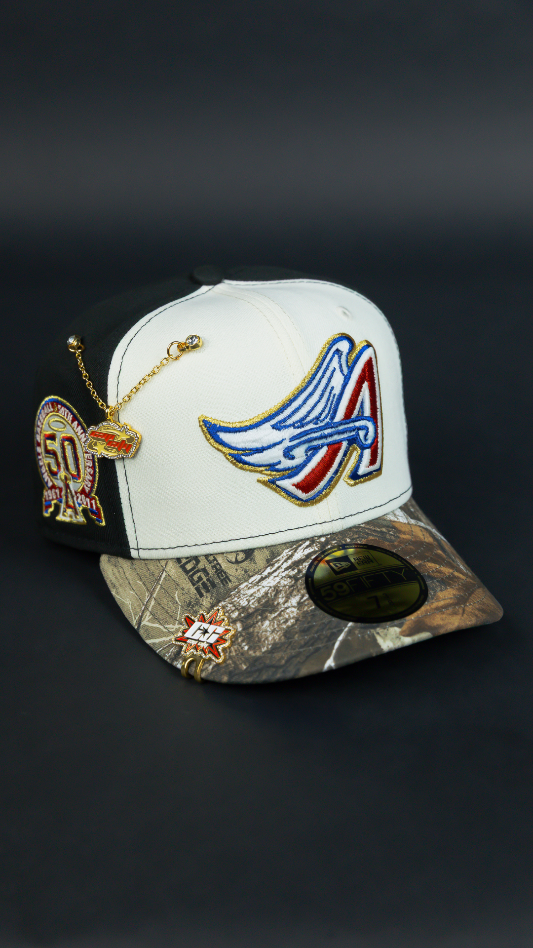NEW ERA EXCLUSIVE 59FIFTY CHROME/ REALTREE ANAHEIM ANGELS W/ 50TH ANNIVERSARY SIDE PATCH