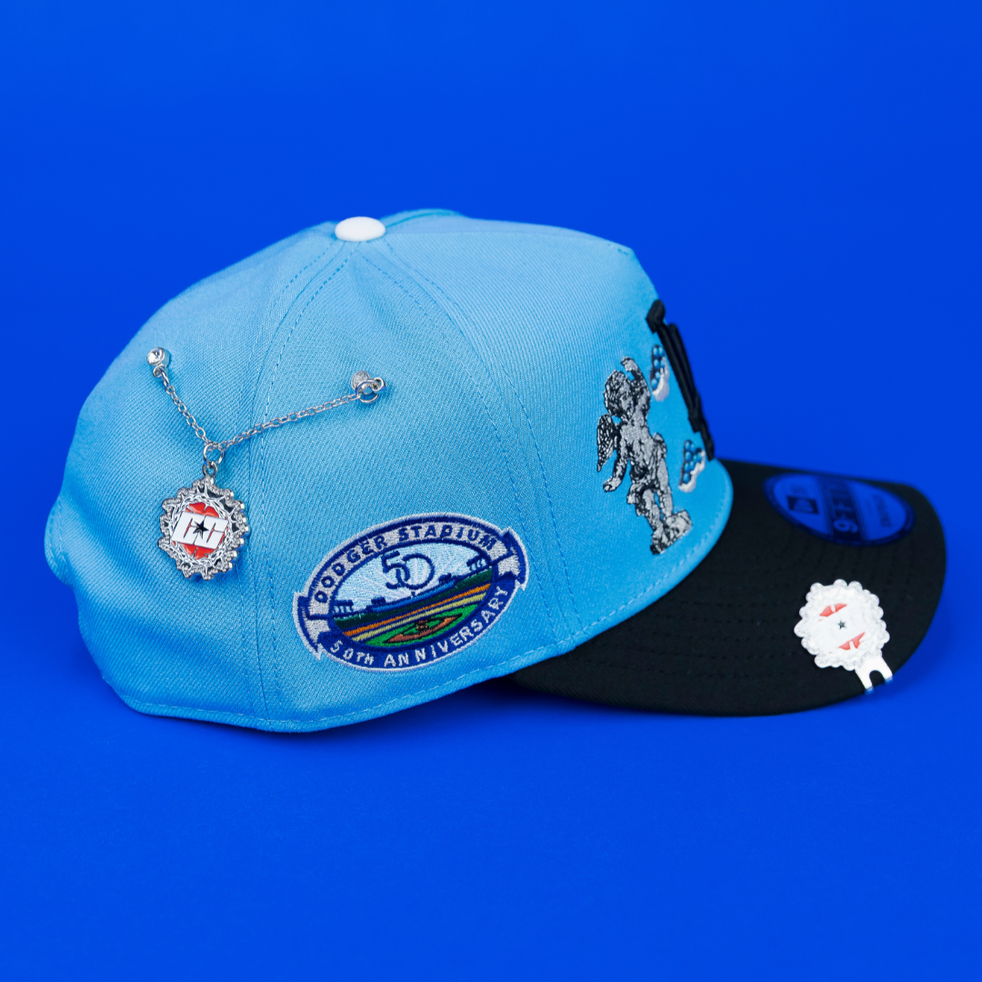 NEW ERA EXCLUSIVE 9FIFTY A-FRAME SKY BLUE/ BLACK LOS ANGELES DODGERS "HEAVENLY CITY" W/ 50TH ANNIVERSARY SIDE PATCH *FREE BLIP INCLUDED