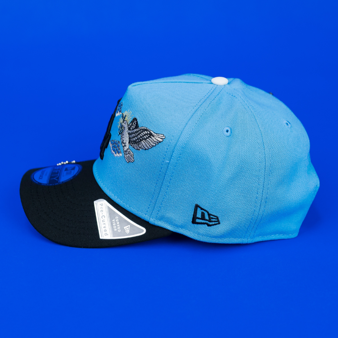 NEW ERA EXCLUSIVE 9FIFTY A-FRAME SKY BLUE/ BLACK LOS ANGELES DODGERS "HEAVENLY CITY" W/ 50TH ANNIVERSARY SIDE PATCH *FREE BLIP INCLUDED