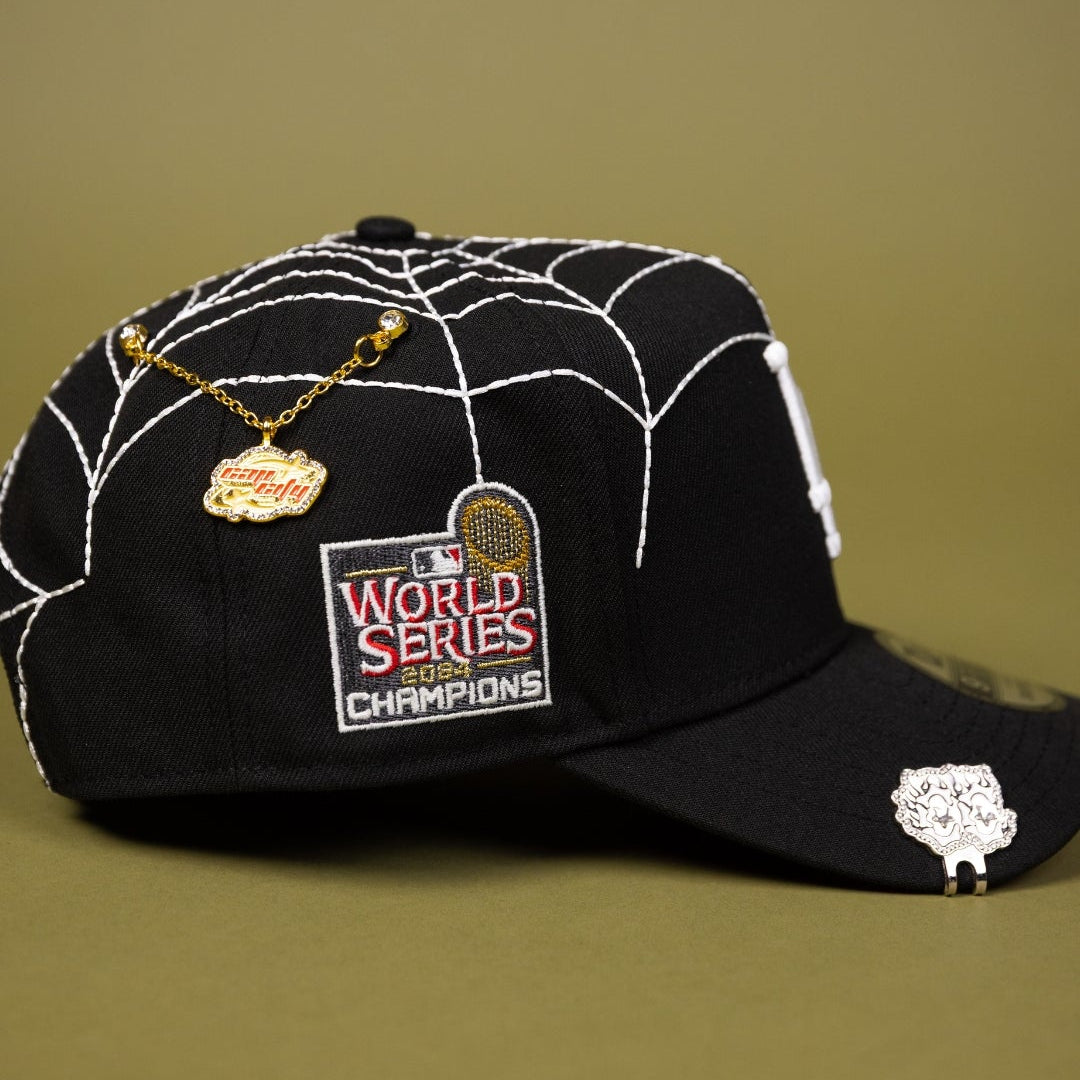 NEW ERA EXCLUSIVE 9FIFTY A-FRAME BLACK LOS ANGELES DODGERS SNAPBACK W/ SPIDER WEB + WORLD SERIES CHAMPIONS SIDE PATCH
