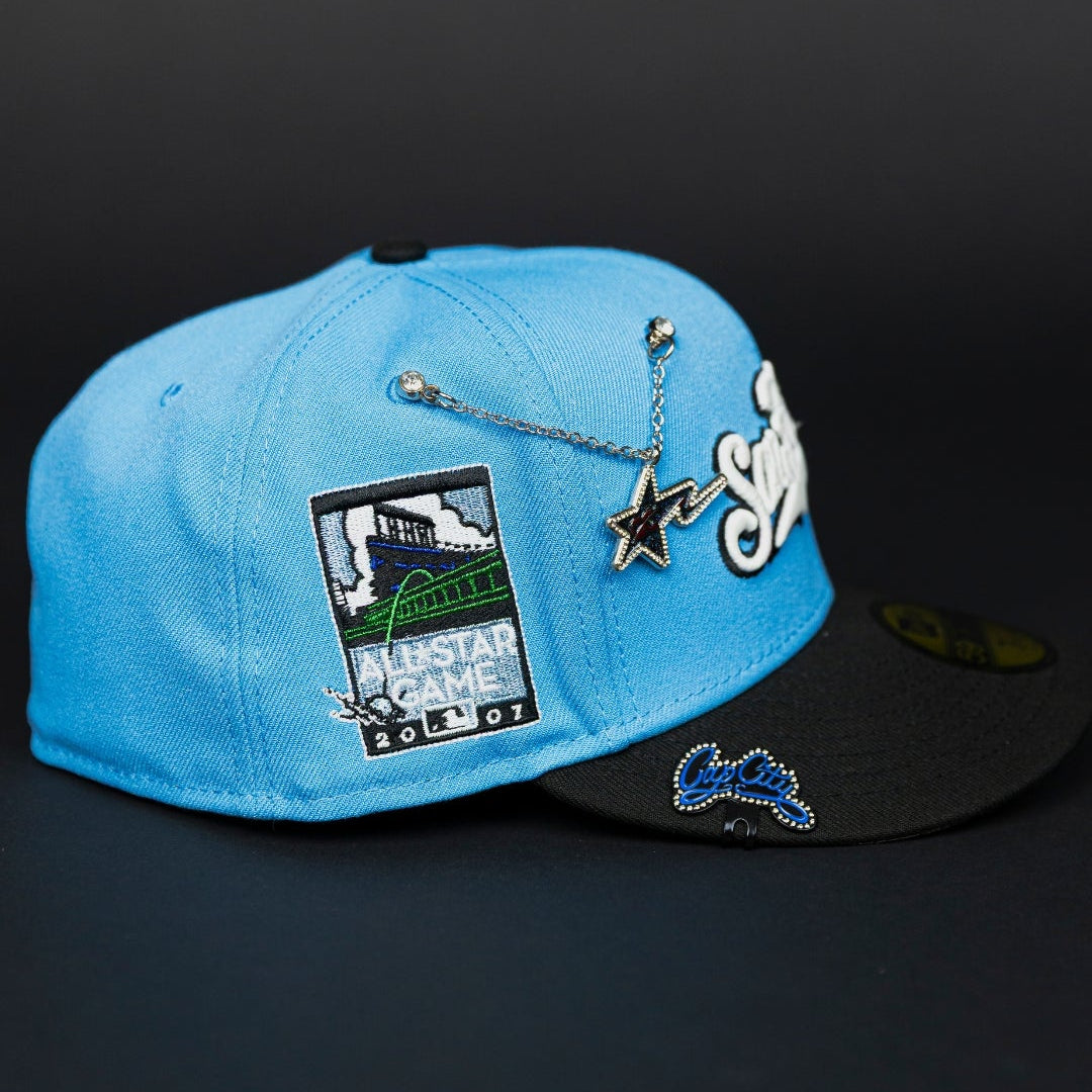 NEW ERA EXCLUSIVE 59FIFTY SKY BLUE/ BLACK SAN FRANCISCO GIANTS SCRIPT W/ ALL STAR GAME SIDE PATCH
