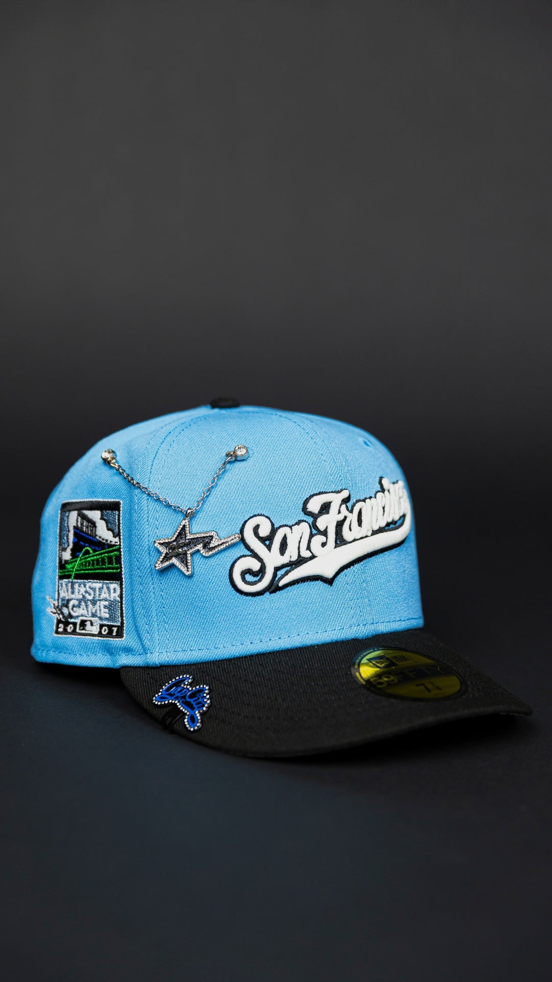 NEW ERA EXCLUSIVE 59FIFTY SKY BLUE/ BLACK SAN FRANCISCO GIANTS SCRIPT W/ ALL STAR GAME SIDE PATCH
