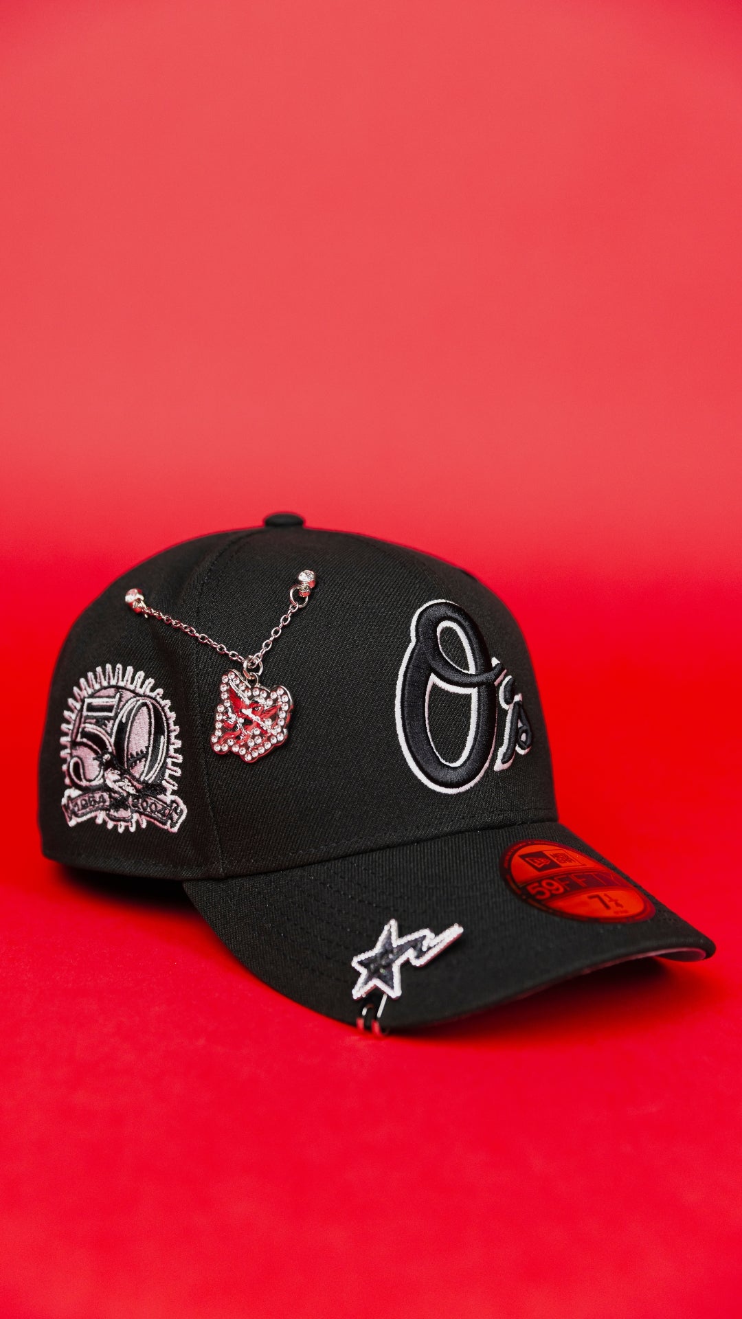 NEW ERA EXCLUSIVE 59FIFTY BLACK BALTIMORE ORIOLES W/ 50TH ANNIVERSARY SIDE PATCH