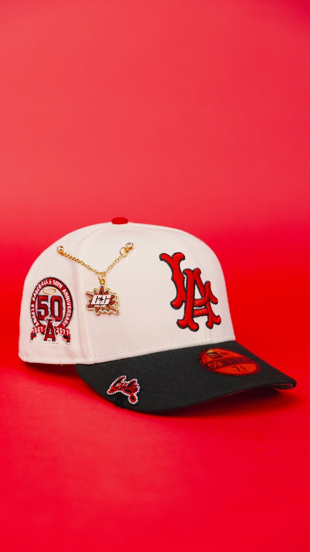 NEW ERA EXCLUSIVE 59FIFTY CHROME/ BLACK LOS ANGELES ANGELS W/ 50TH ANNIVERSARY SIDE PATCH
