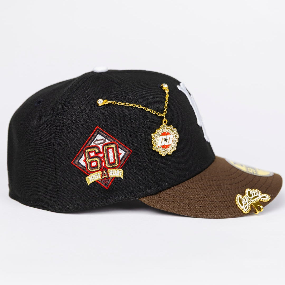 NEW ERA EXCLUSIVE 59FIFTY BLACK/ BROWN LOS ANGELES ANGELS W/ 60TH ANNIVERSARY SIDE PATCH
