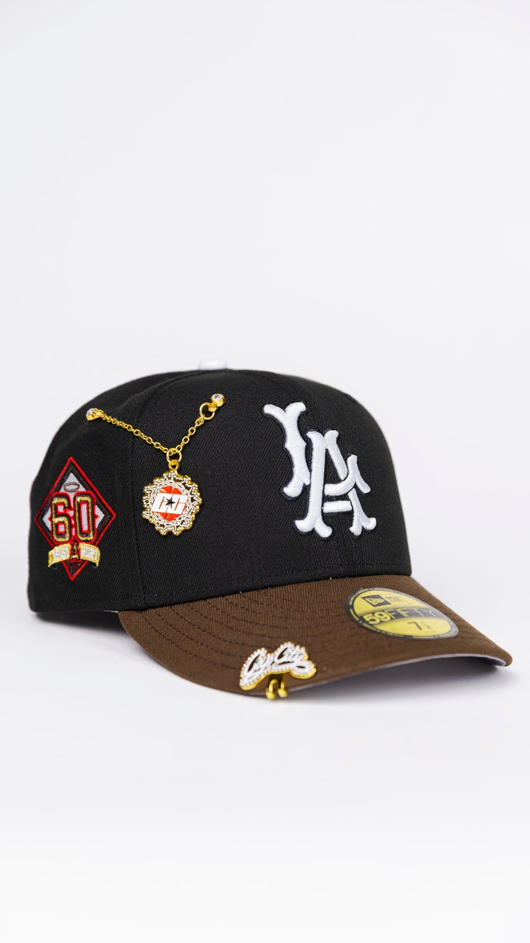 NEW ERA EXCLUSIVE 59FIFTY BLACK/ BROWN LOS ANGELES ANGELS W/ 60TH ANNIVERSARY SIDE PATCH