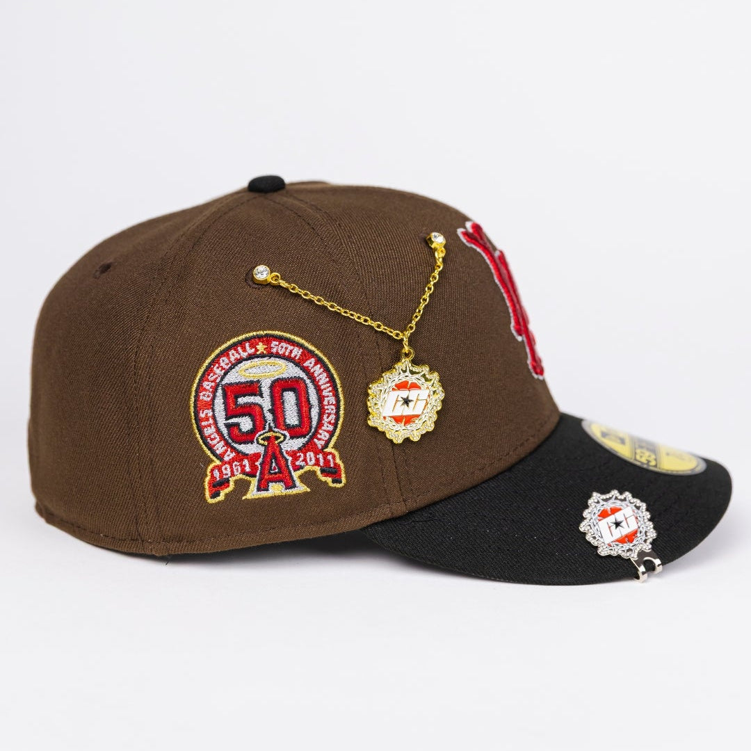 NEW ERA EXCLUSIVE 59FIFTY BROWN/ BLACK LOS ANGELES ANGELS W/ 50TH ANNIVERSARY SIDE PATCH