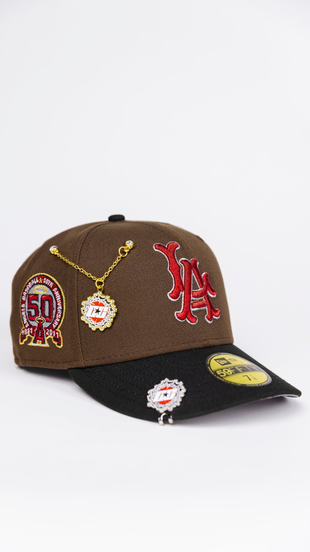 NEW ERA EXCLUSIVE 59FIFTY BROWN/ BLACK LOS ANGELES ANGELS W/ 50TH ANNIVERSARY SIDE PATCH