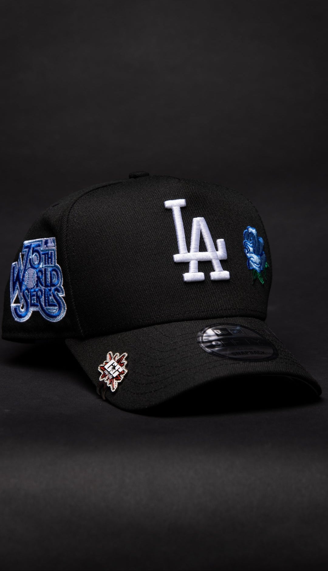 NEW ERA 9FIFTY A-FRAME BLACK LOS ANGELES DODGERS SNAPBACK W/ BLUE ROSE + 75TH WORLD SERIES SIDE PATCH