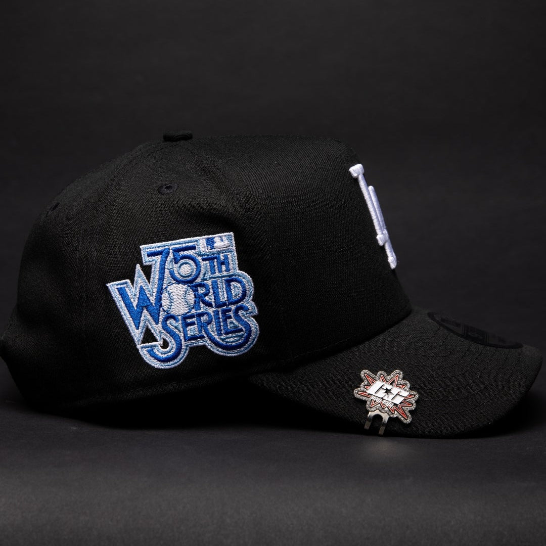 NEW ERA 9FIFTY A-FRAME BLACK LOS ANGELES DODGERS SNAPBACK W/ BLUE ROSE + 75TH WORLD SERIES SIDE PATCH
