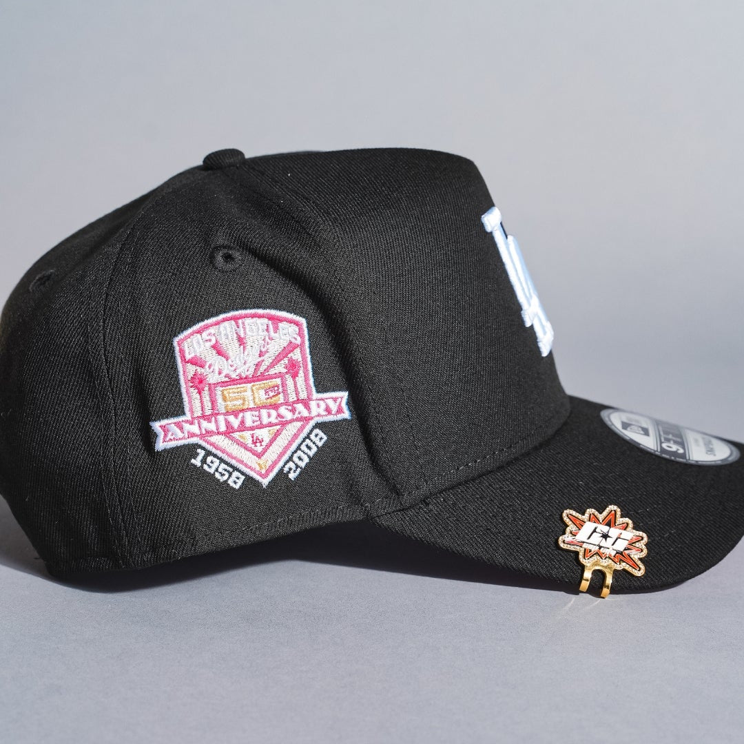 NEW ERA 9FIFTY A-FRAME BLACK LOS ANGELES DODGERS SNAPBACK W/ PINK ROSE + 50TH ANNIVERSARY SIDE PATCH