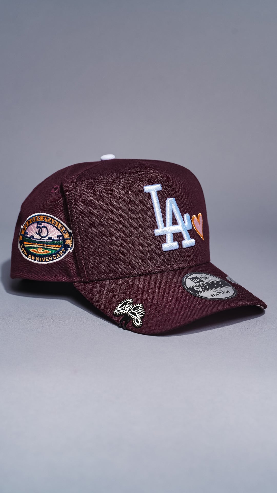 NEW ERA 9FIFTY A-FRAME BURGUNDY LOS ANGELES DODGERS SNAPBACK W/ HEART + 50TH ANNIVERSARY SIDE PATCH