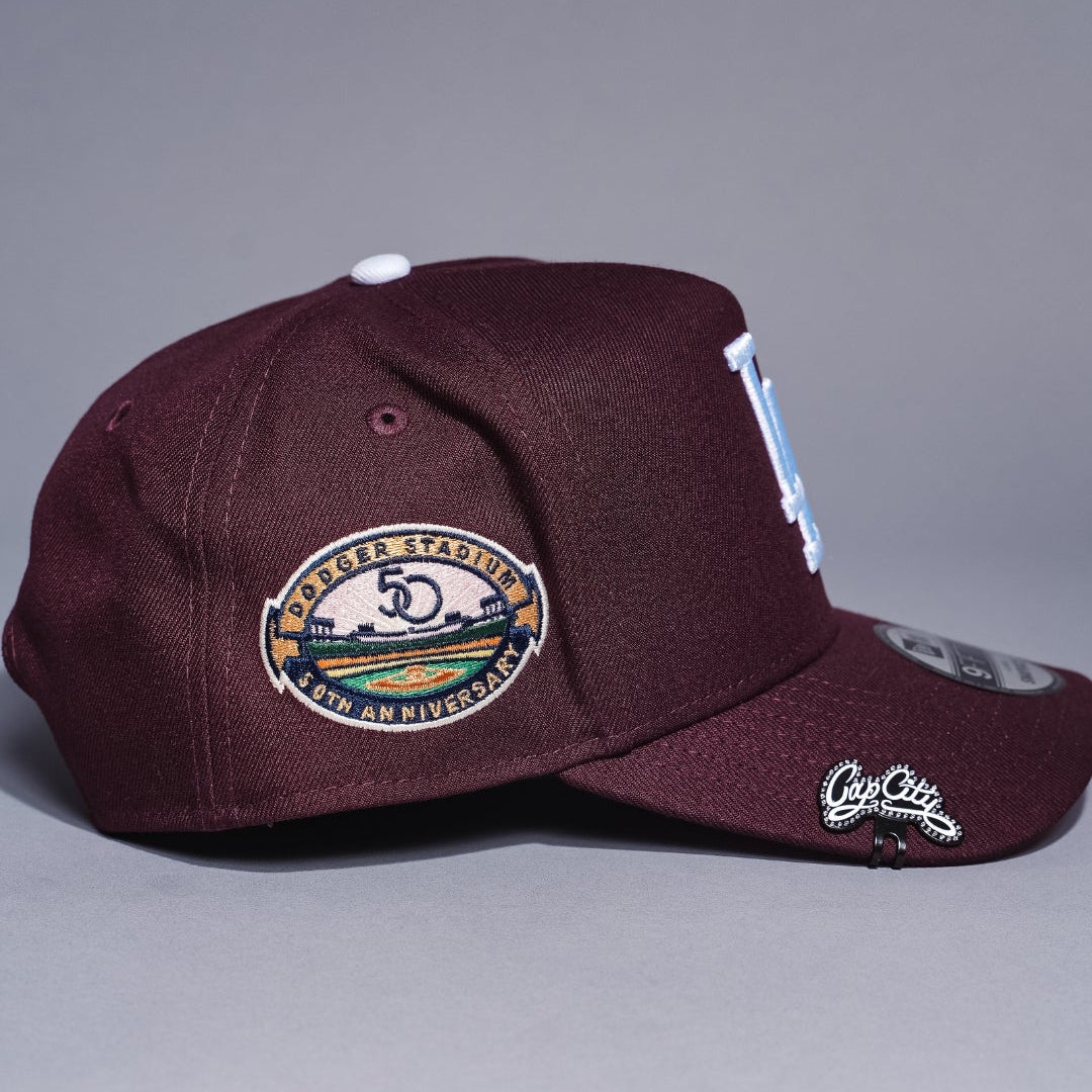 NEW ERA 9FIFTY A-FRAME BURGUNDY LOS ANGELES DODGERS SNAPBACK W/ HEART + 50TH ANNIVERSARY SIDE PATCH