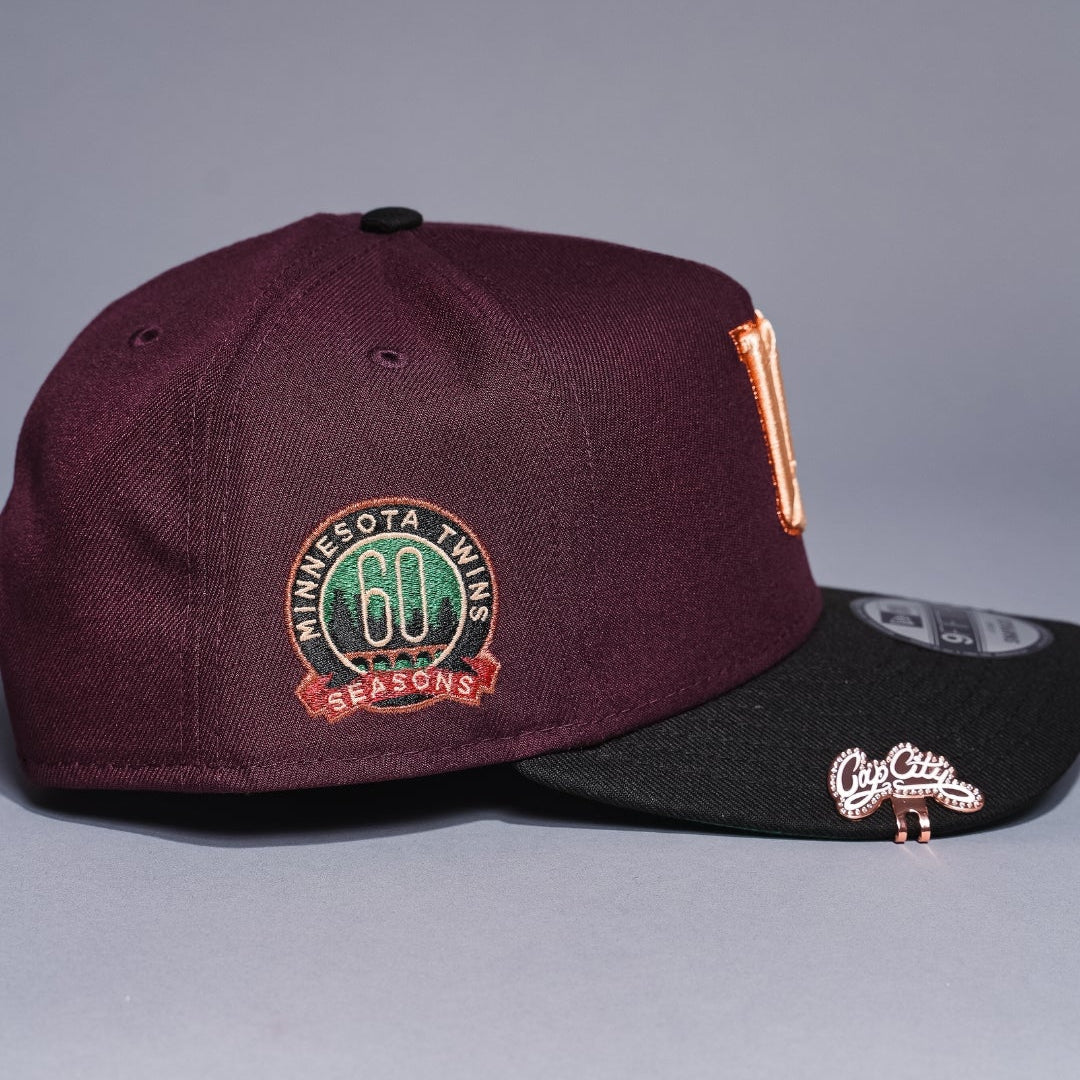 NEW ERA 9FIFTY A-FRAME BURGUNDY/BLACK MINNESOTA TWINS SNAPBACK W/ 60TH ANNIVERSARY SIDE PATCH
