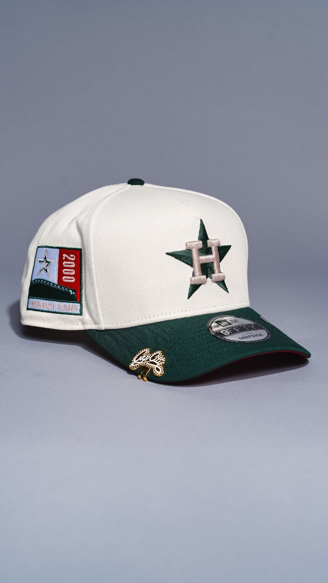 NEW ERA 9FIFTY A-FRAME CHROME/FOREST GREEN HOUSTON ASTROS SNAPBACK W/ 2000 INAUGURAL SESON SIDE PATCH