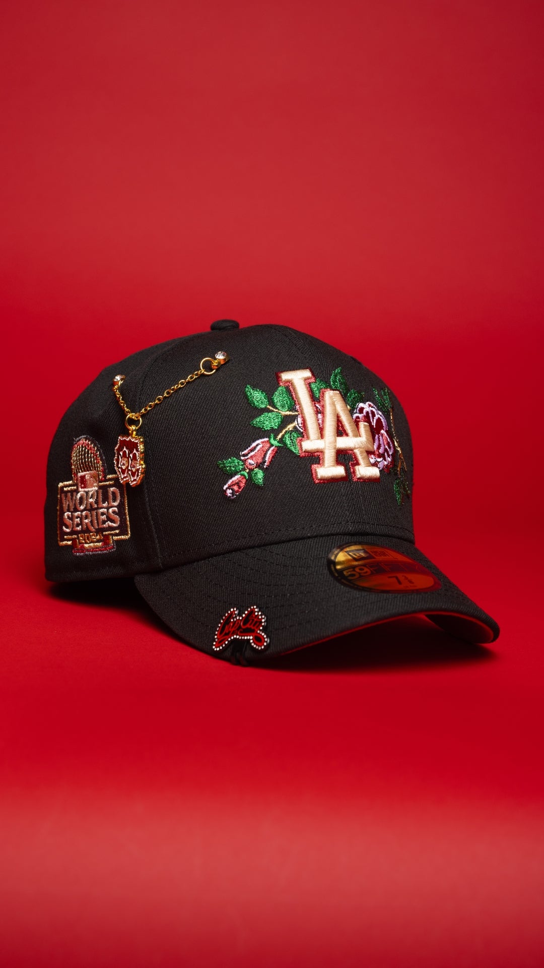 NEW ERA EXCLUSIVE 59FIFTY BLACK LOS ANGELES DODGERS W/ RED ROSE + 2024 WORLD SERIES SIDE PATCH