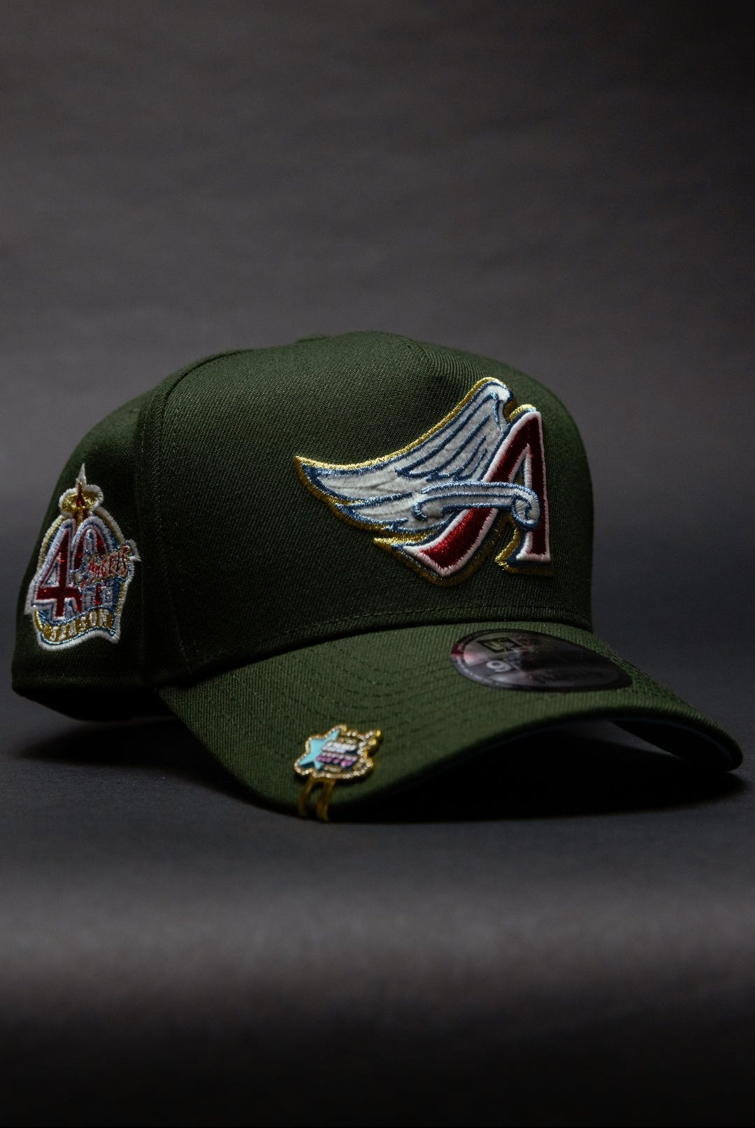 NEW ERA 9FIFTY A-FRAME DARK OLIVE ANAHEIM ANGELS SNAPBACK W/ 40TH ANNIVERSARY SIDE PATCH
