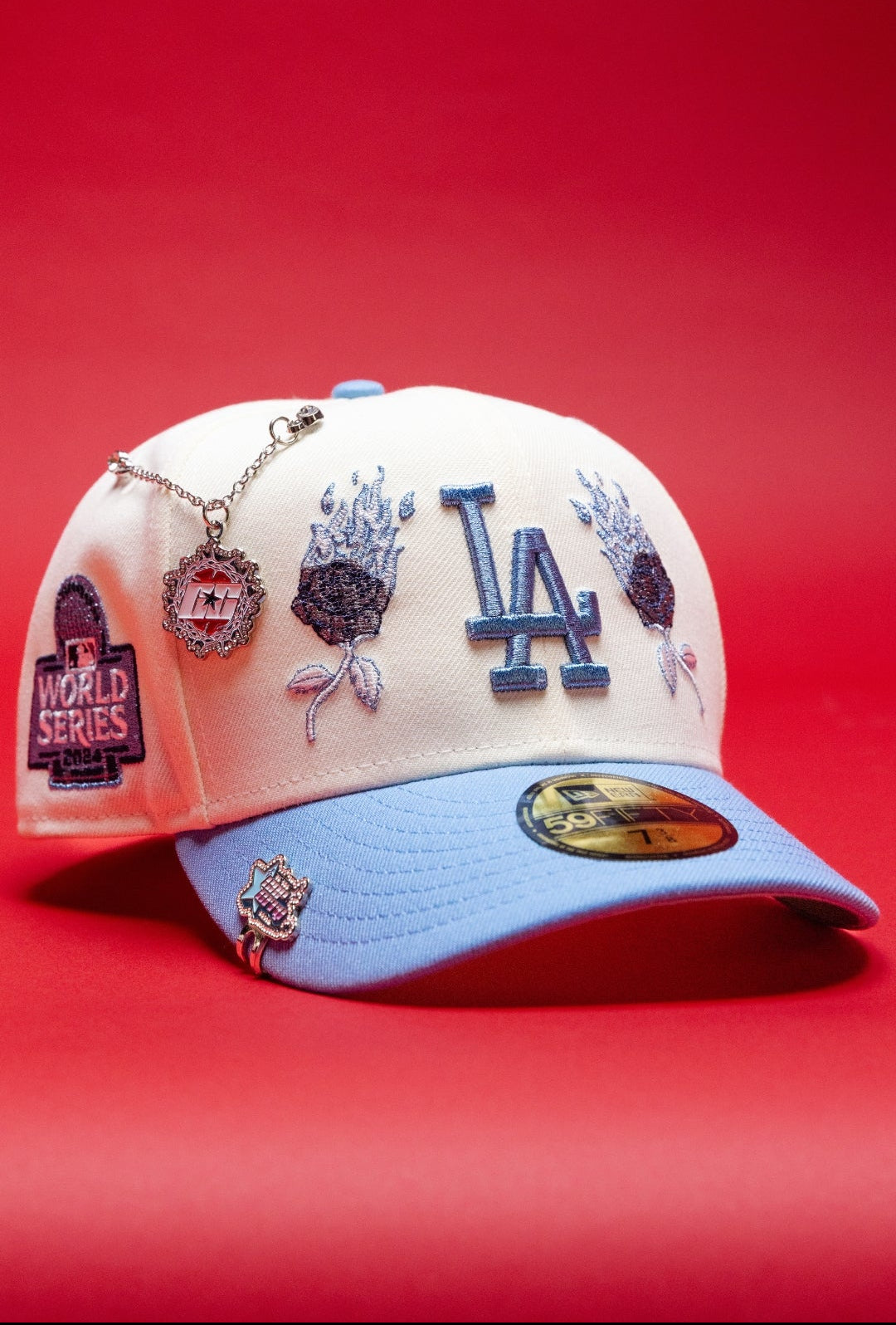 NEW ERA EXCLUSIVE 59FIFTY CHROME/ICY LOS ANGELES DODGERS W/ BURNT ROSES + 2024 WORLD SERIES SIDE PATCH