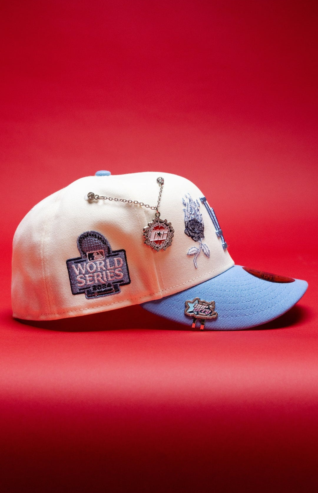 NEW ERA EXCLUSIVE 59FIFTY CHROME/ICY LOS ANGELES DODGERS W/ BURNT ROSES + 2024 WORLD SERIES SIDE PATCH