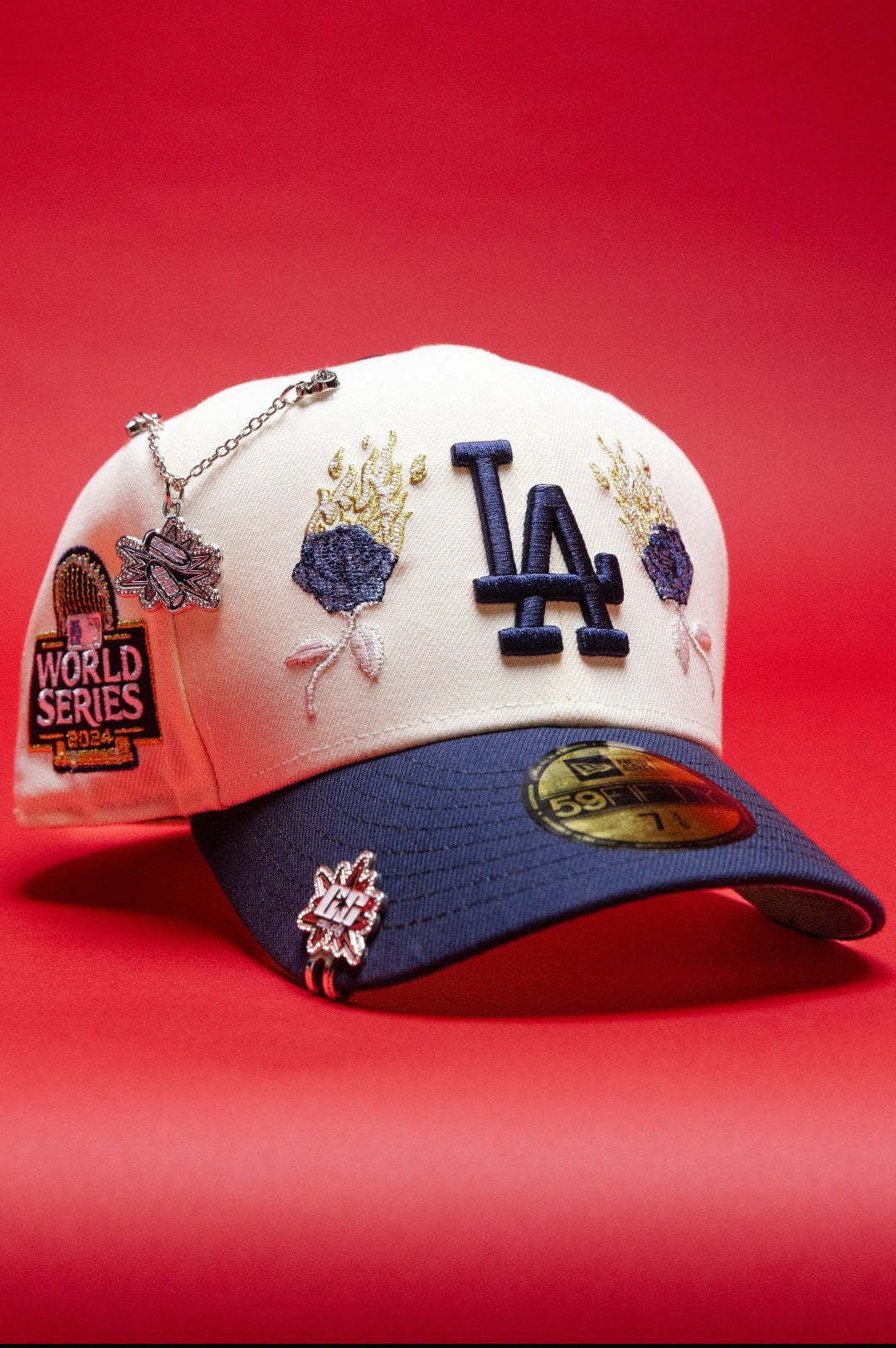 NEW ERA EXCLUSIVE 59FIFTY CHROME/NAVY LOS ANGELES DODGERS W/ BURNT ROSES + 2024 WORLD SERIES SIDE PATCH