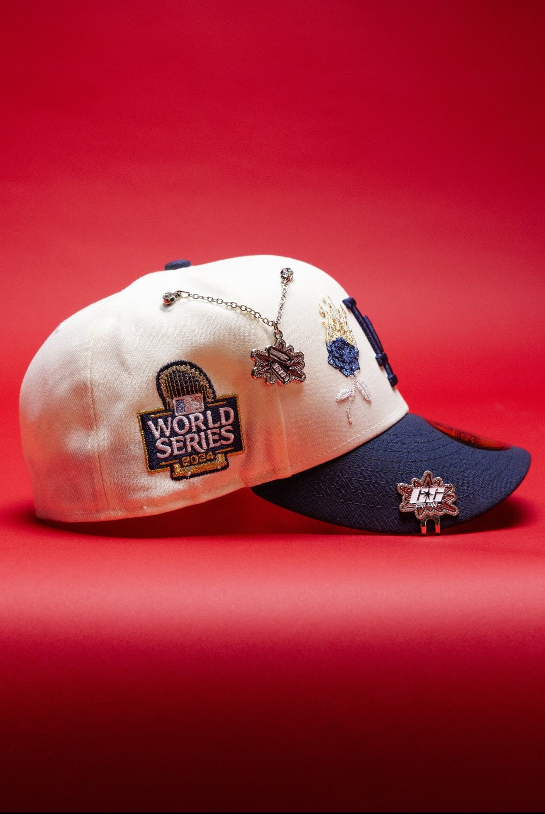 NEW ERA EXCLUSIVE 59FIFTY CHROME/NAVY LOS ANGELES DODGERS W/ BURNT ROSES + 2024 WORLD SERIES SIDE PATCH