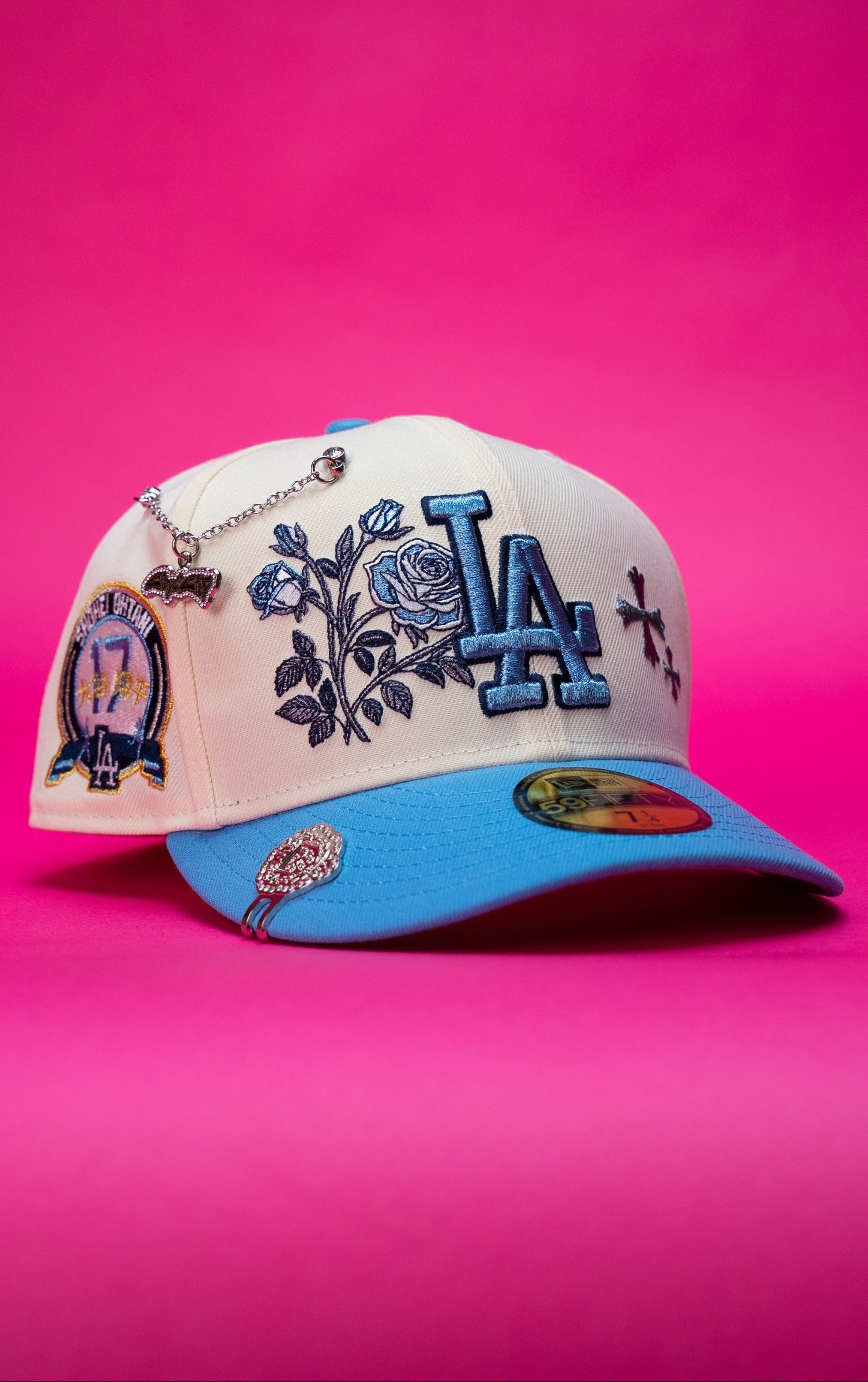 NEW ERA EXCLUSIVE 59FIFTY CHROME/ICY BLUE LOS ANGELES DODGERS W/ BLOOMING ROSE + SHOHEI OHTANI SIDE PATCH