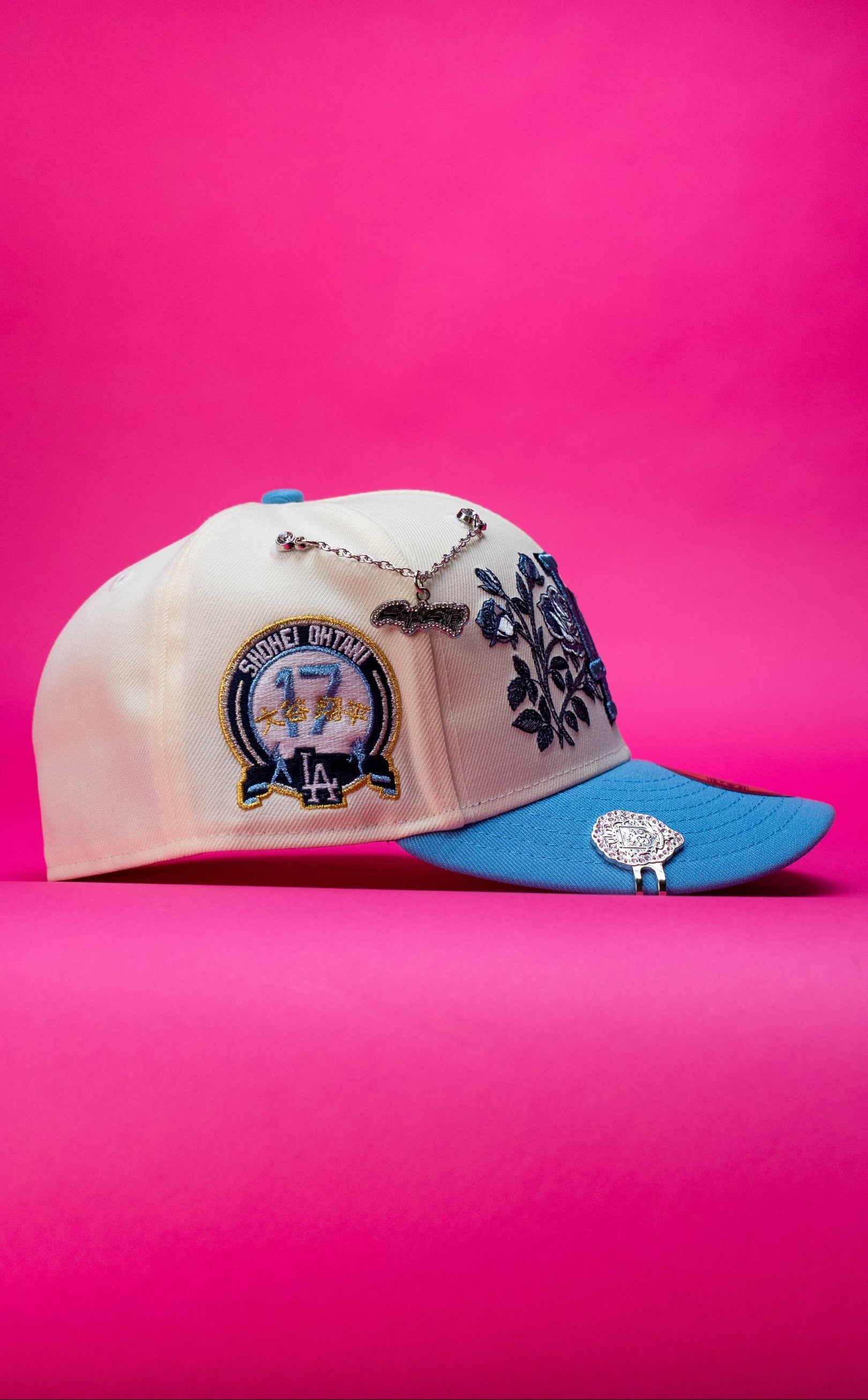 NEW ERA EXCLUSIVE 59FIFTY CHROME/ICY BLUE LOS ANGELES DODGERS W/ BLOOMING ROSE + SHOHEI OHTANI SIDE PATCH