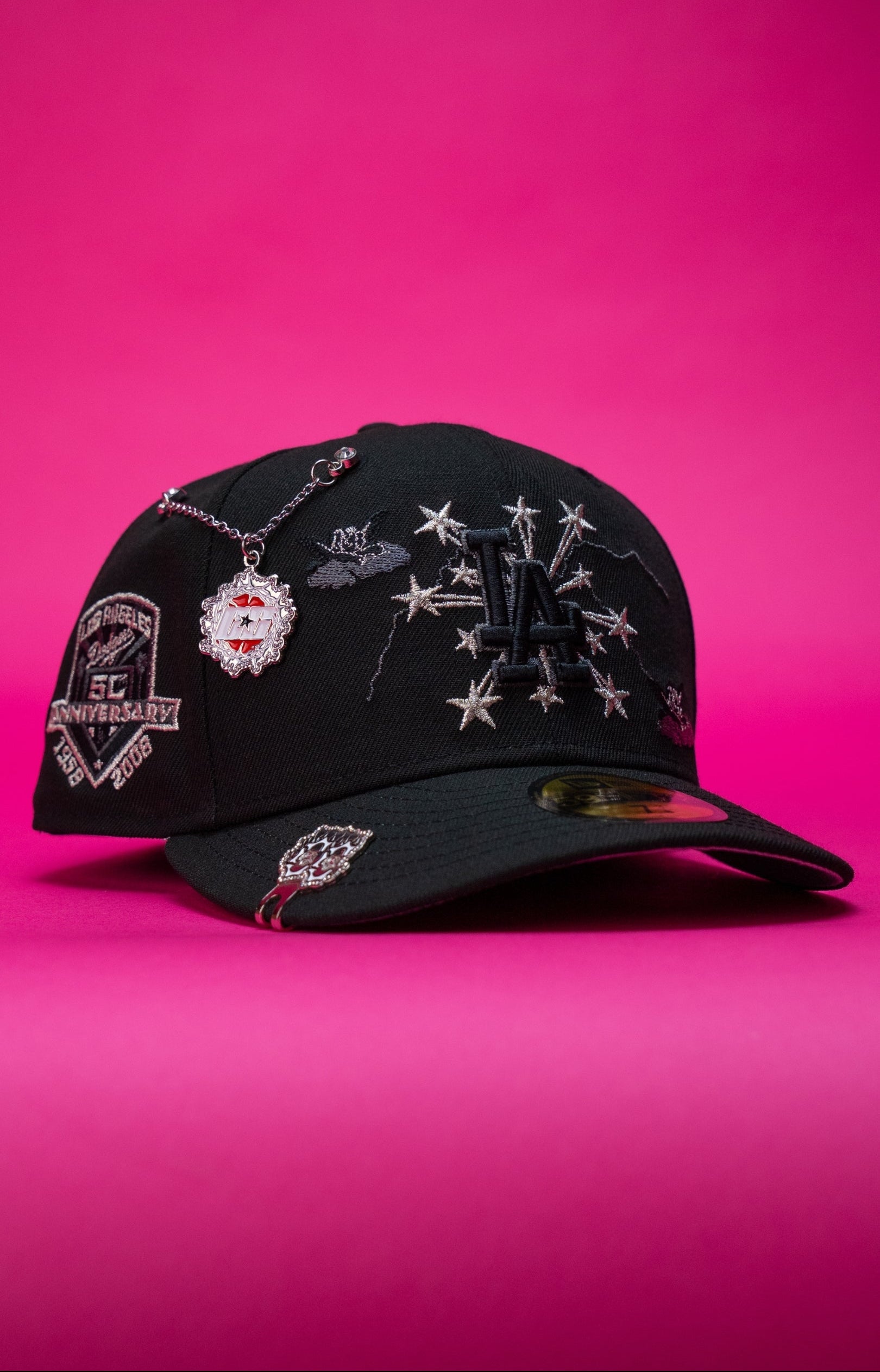 NEW ERA EXCLUSIVE 59FIFTY BLACK LOS ANGELES DODGERS W/ EMBROIDERY + 50TH ANNIVERSARY SIDE PATCH