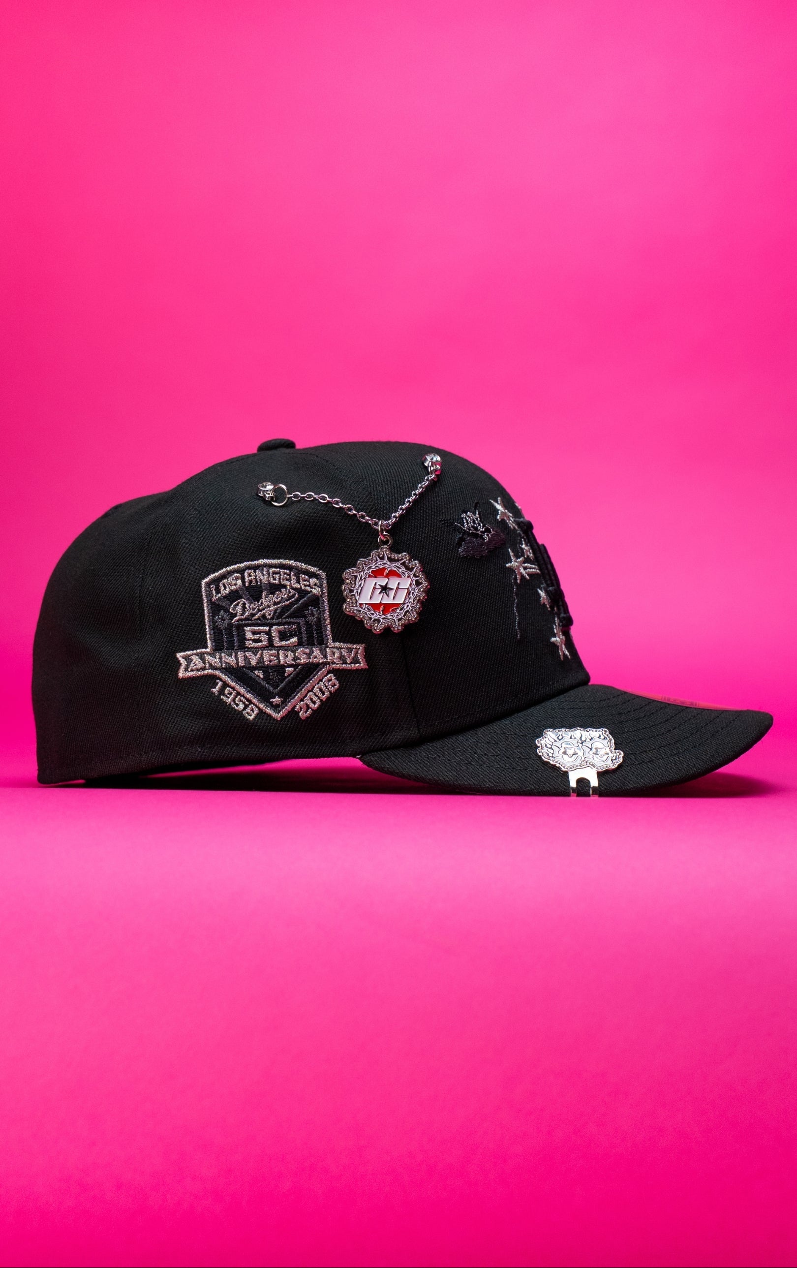 NEW ERA EXCLUSIVE 59FIFTY BLACK LOS ANGELES DODGERS W/ EMBROIDERY + 50TH ANNIVERSARY SIDE PATCH