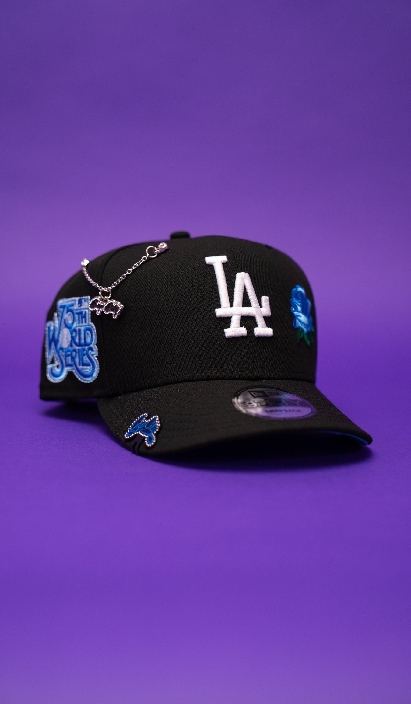 NEW ERA EXCLUSIVE 9FIFTY BLACK LOS ANGELES DODGERS SNAPBACK W/ BLUE ROSE + 75TH WORLD SERIES SIDE PATCH