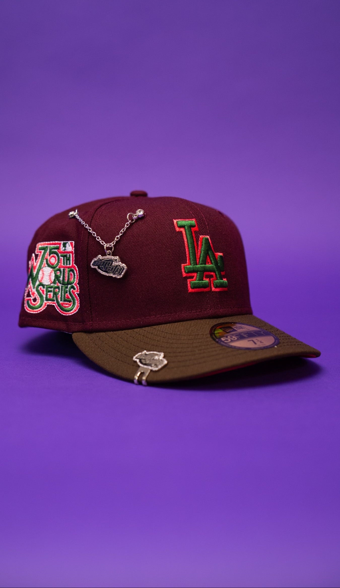 NEW ERA EXCLUSIVE 59FIFTY BURGUNDY/BROWN LOS ANGELES DODGERS W/ 75TH WORLD SERIES SIDE PATCH