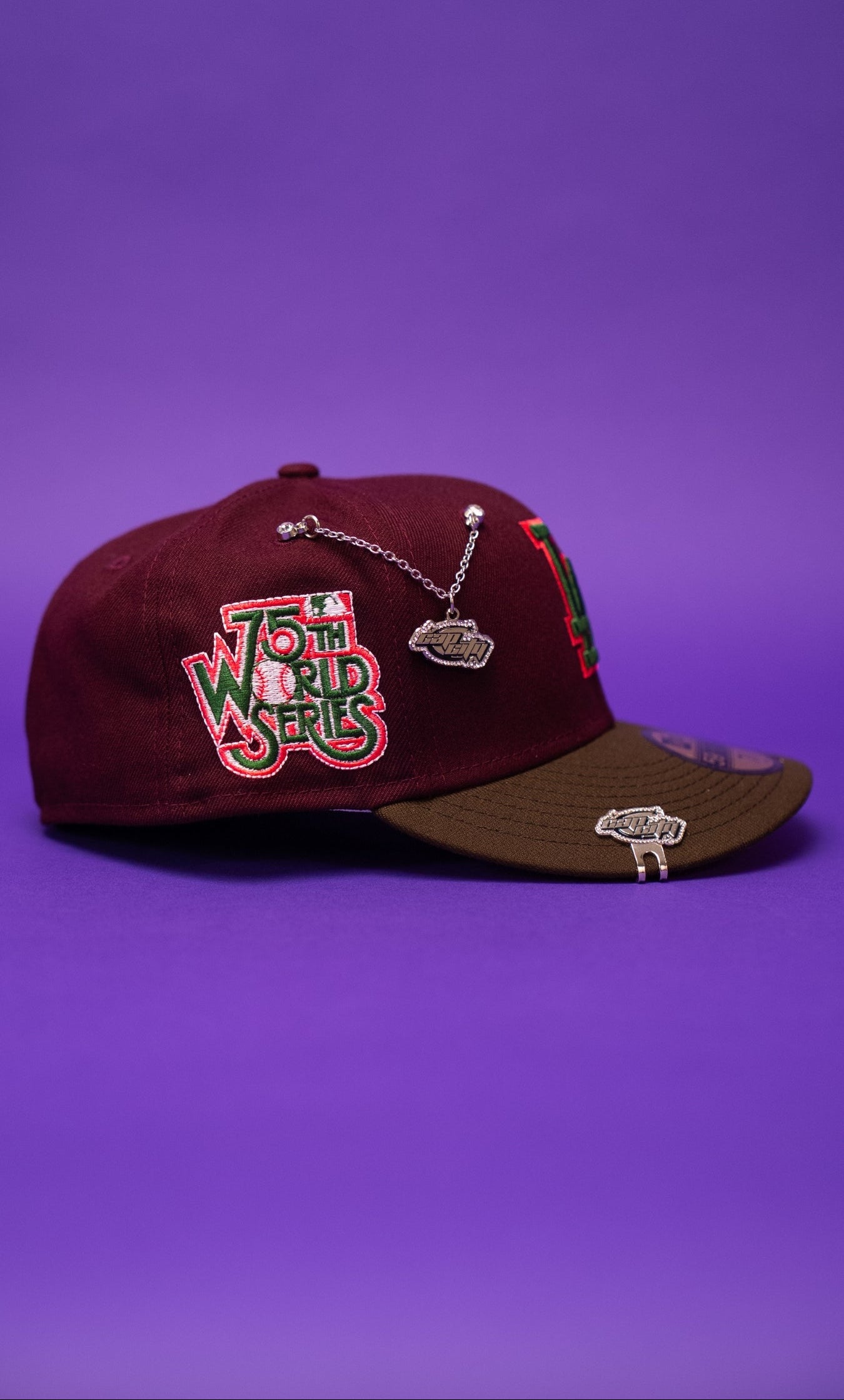 NEW ERA EXCLUSIVE 59FIFTY BURGUNDY/BROWN LOS ANGELES DODGERS W/ 75TH WORLD SERIES SIDE PATCH