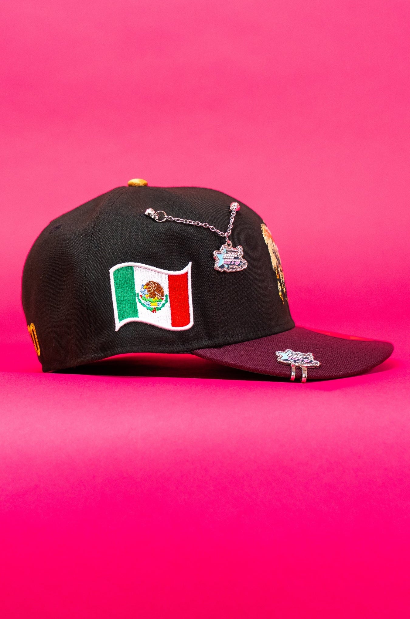NEW ERA EXCLUSIVE 59FIFTY BLACK/BURGUNDY EL CHIVO W/ MEXICO FLAG SIDE PATCH