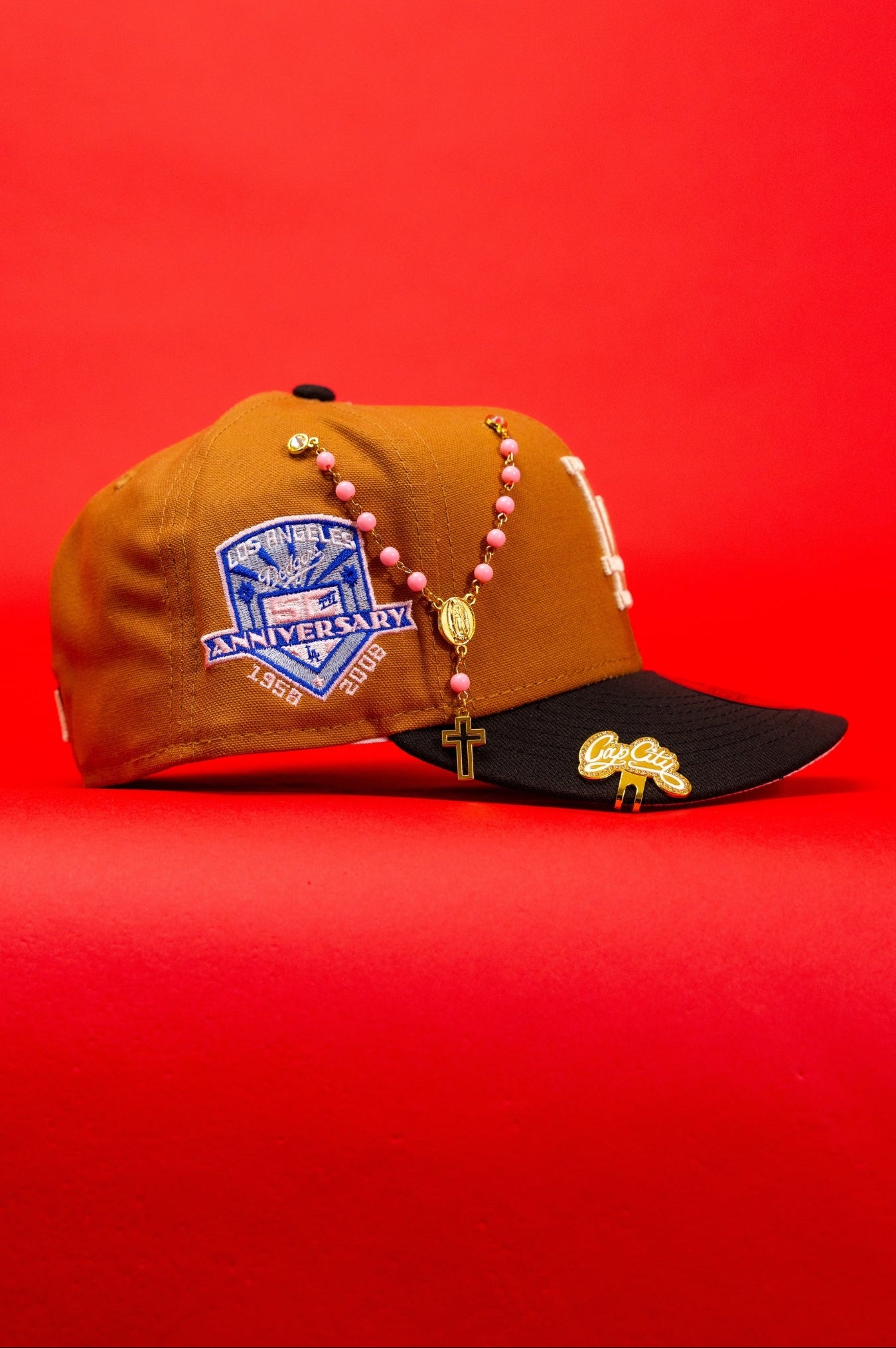 NEW ERA EXCLUSIVE 59FIFTY TAN/BLACK LOS ANGELES DODGERS W/ 50TH ANNIVERSARY SIDE PATCH