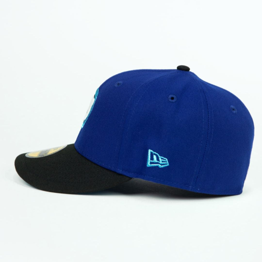 NEW ERA EXCLUSIVE 59FIFTY DARK BLUE/ BLACK CHICAGO CUBS W/ "BE ALERT FOR FOUL BALLS" SIDE PATCH