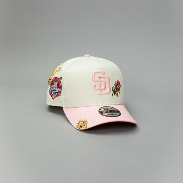NEW ERA EXCLUSIVE 9FIFTY A-FRAME CHROME/ PINK SAN DIEGO PADRES SNAPBACK W/ ROSES + 40TH ANNIVERSARY SIDE PATCH