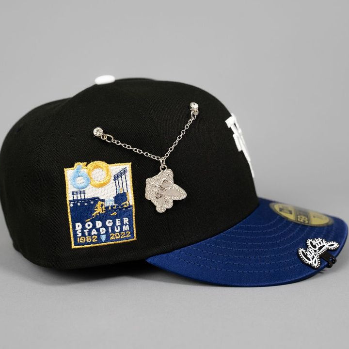 NEW ERA EXCLUSIVE 59FIFTY BLACK/ SATIN BLUE UPSIDE DOWN LOS ANGELES DODGERS W/ DODGER STADIUM SIDE PATCH