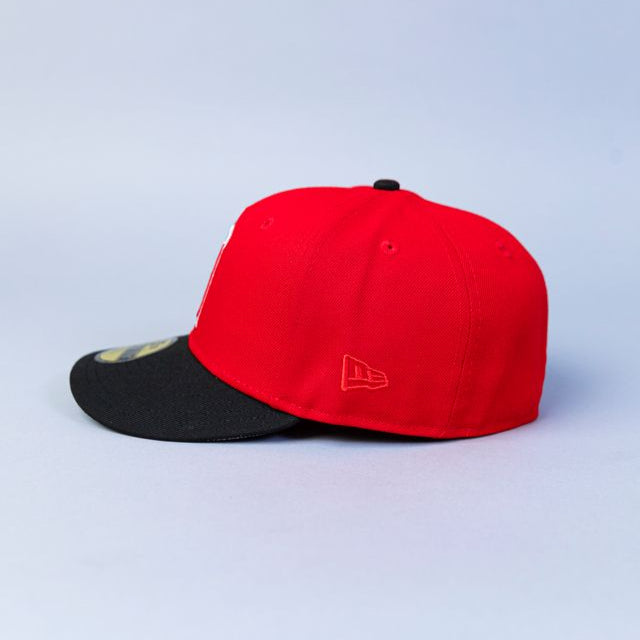 NEW ERA 59FIFTY LAVA RED/ BLACK ANAHEIM ANGELS W/ 50TH ANNIVERSARY SIDE PATCH