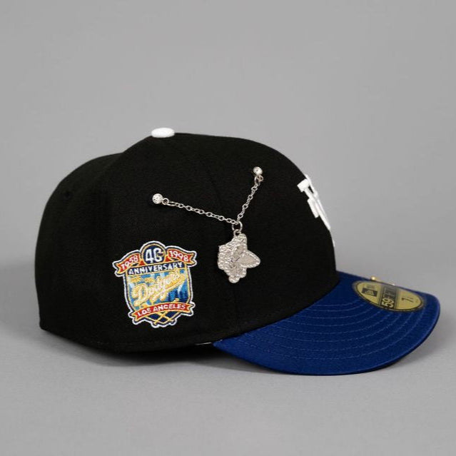 NEW ERA EXCLUSIVE 59FIFTY BLACK/ SATIN BLUE UPSIDE DOWN LOS ANGELES DODGERS W/ 40TH ANNIVERSARY SIDE PATCH