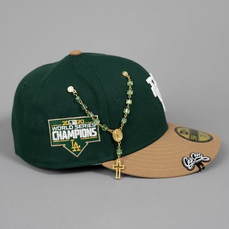 NEW ERA EXCLUSIVE 59FIFTY FOREST GREEN/ KHAKI UPSIDE DOWN LOS ANGELES DODGERS W/ WORLD SERIES CHAMPIONS SIDE PATCH