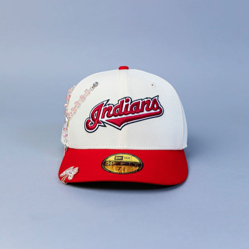 NEW ERA EXCLUSIVE 59FIFTY CHROME/ RED CLEVELAND INDIANS SCRIPT W/ "JACOBS FIELD" SIDE PATCH