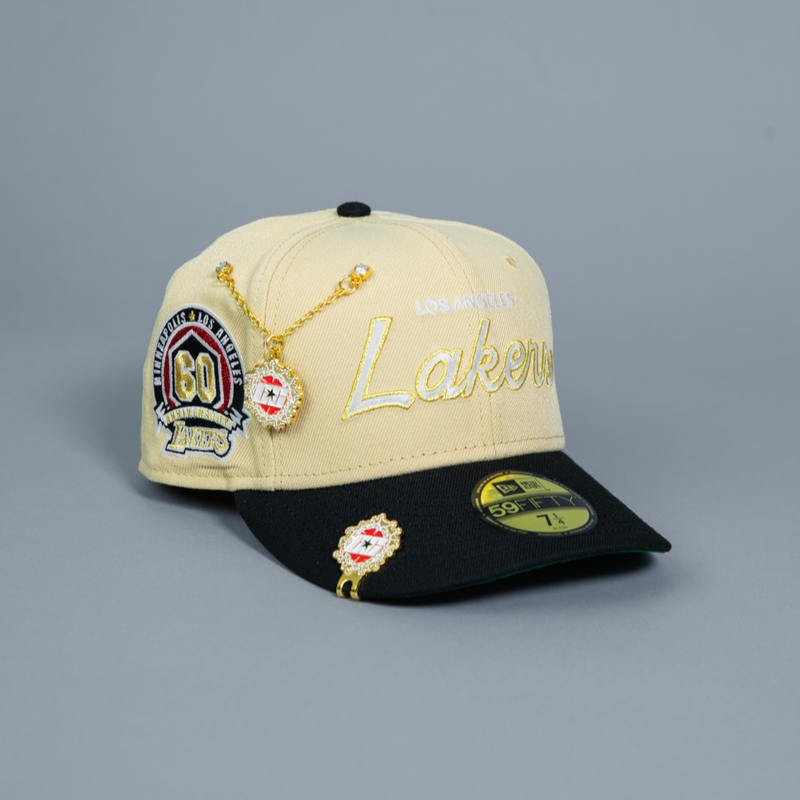 NEW ERA EXCLUSIVE 59FIFTY VEGAS GOLD/ BLACK LOS ANGELES LAKERS SCRIPT W/ 60TH ANNIVERSARY SIDE PATCH