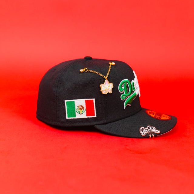 NEW ERA EXCLUSIVE 59FIFTY BLACK LOS ANGELES DODGERS SCRIPT W/ MEXICAN FLAG LOGO + MEXICO FLAG SIDE PATCH